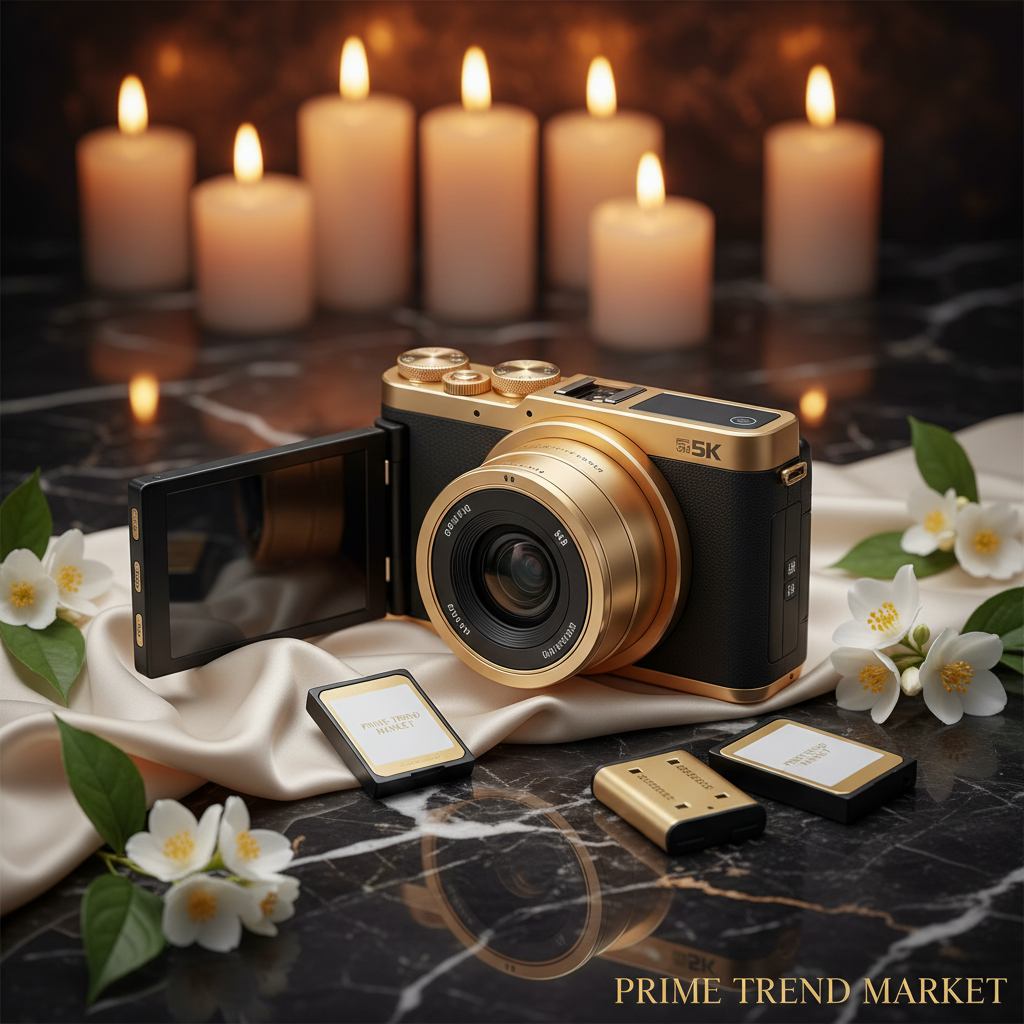 5K WiFi Vlogging Camera on dark marble with batteries, gold accents and jasmine flowers