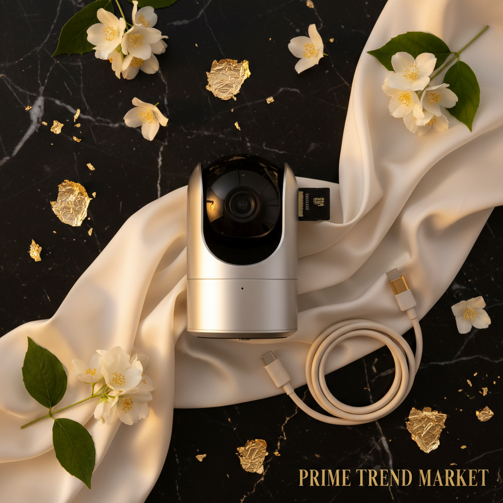 Silver PTZ security camera flat lay with SD card and accessories on black marble — Prime Trend Market