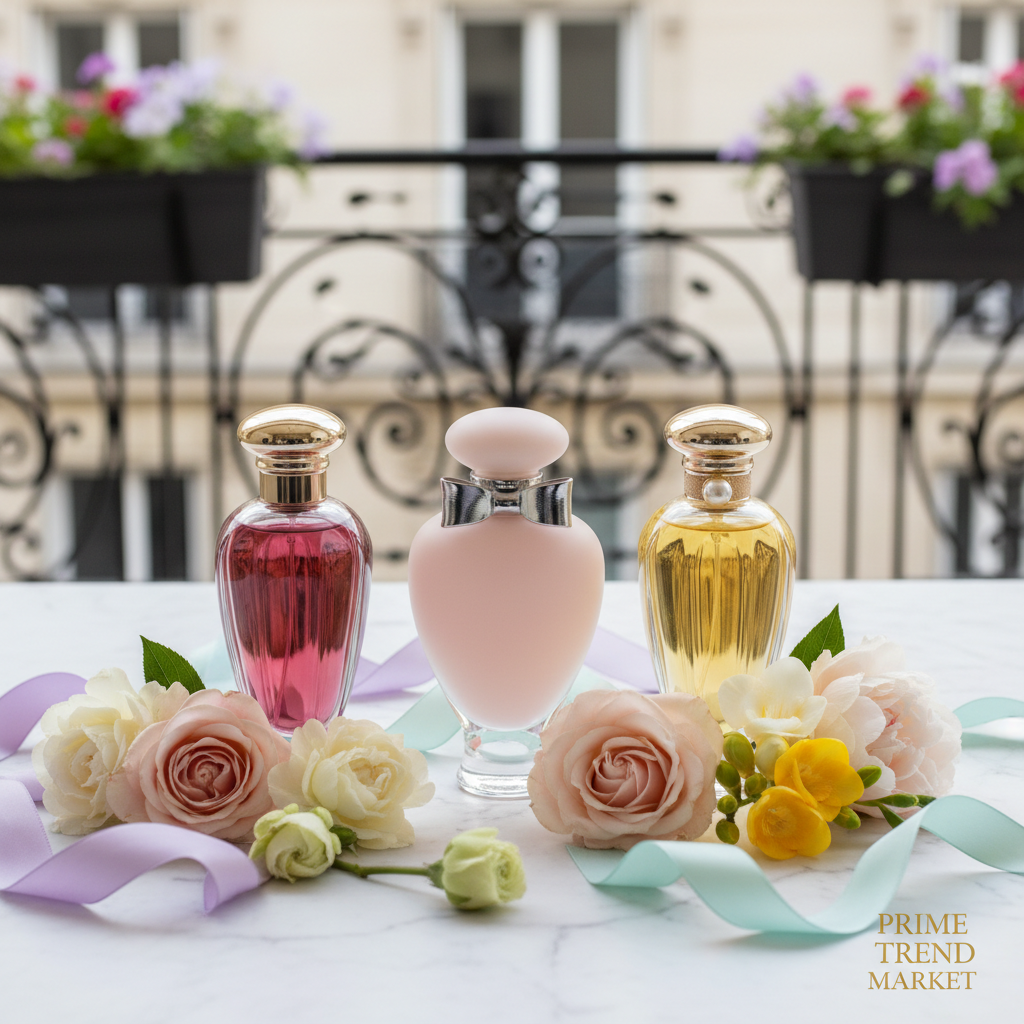 Three perfume bottles in red, pink and yellow with flowers and ribbons