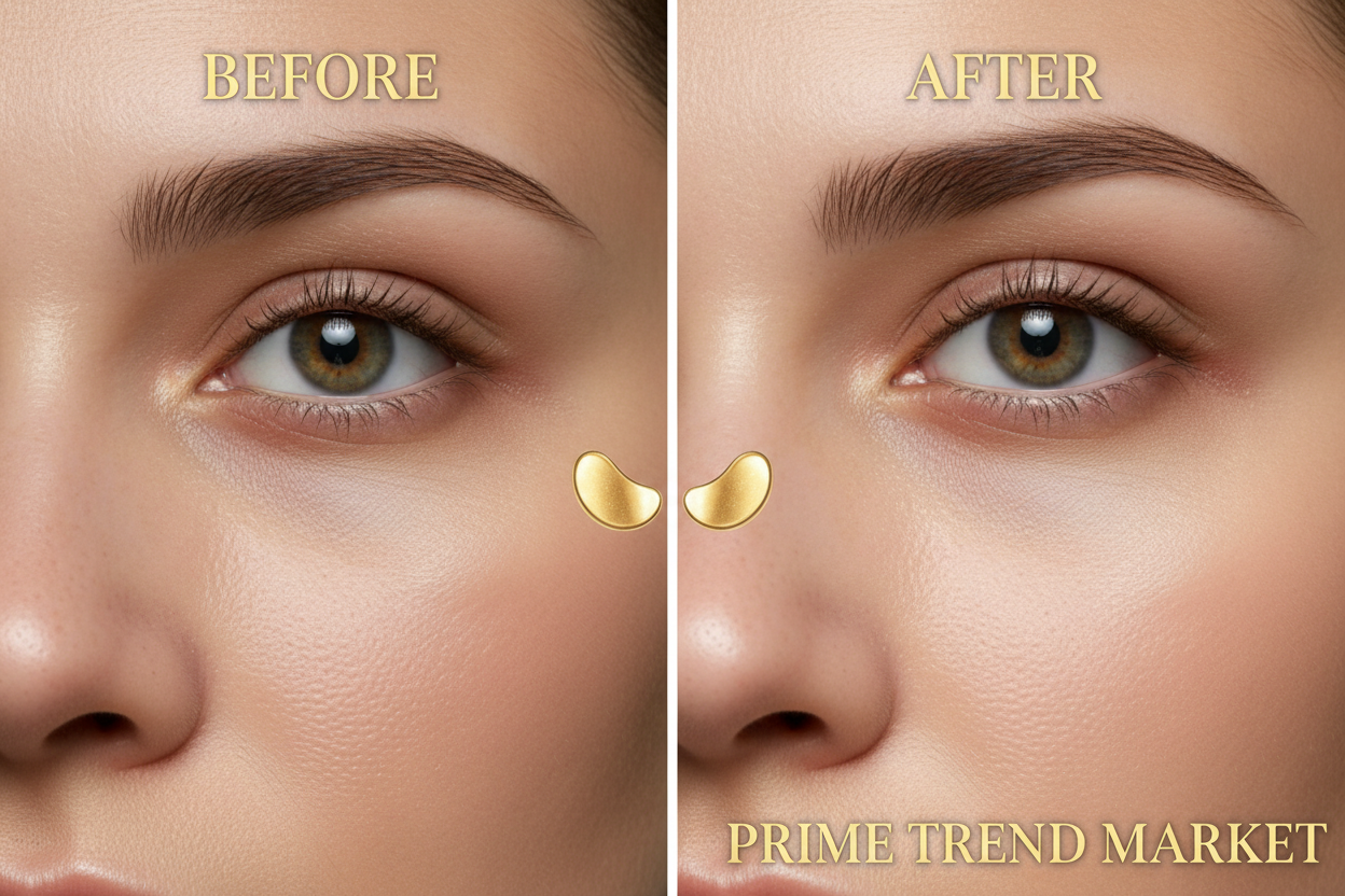 Before and after showing reduced dark circles and puffiness after using 24K gold eye masks — Prime Trend Market