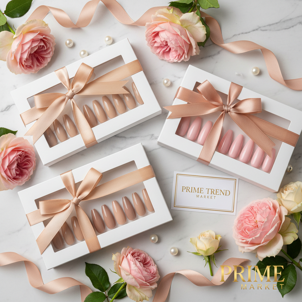 Long Almond Press-On Nails — Gift Set Flat Lay