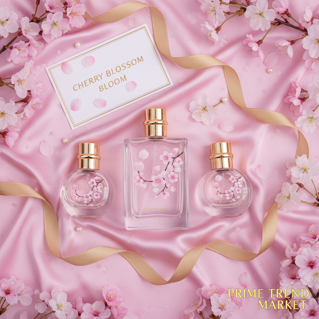 Cherry blossom perfume gift set flat lay on pink satin with gold ribbon