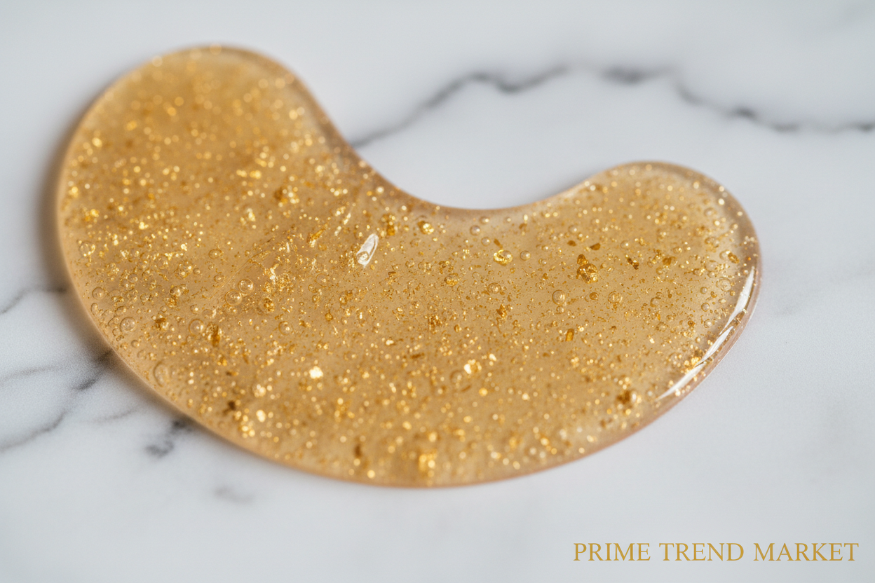 Close-up of 24K gold eye mask texture with gold particles and collagen gel — Prime Trend Market