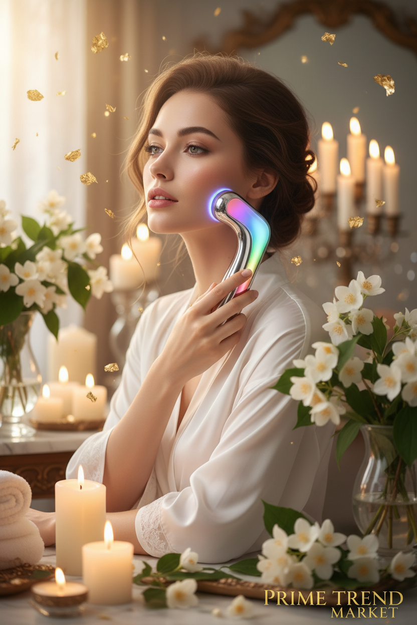 Luxury 7-Color LED EMS Face Neck Massager Model Jawline Campaign Shot