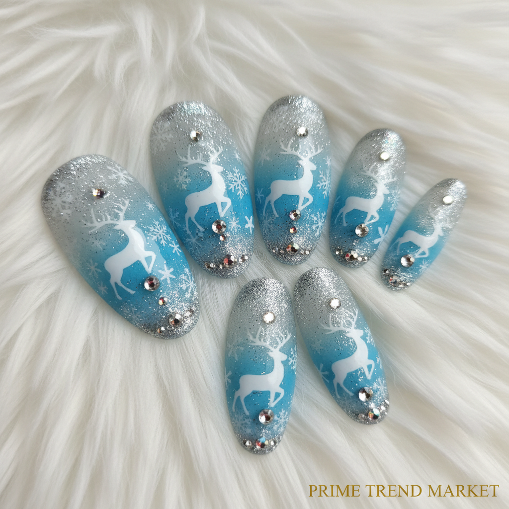 Close-up macro diamond deer snowflake nail art crystal rhinestone details