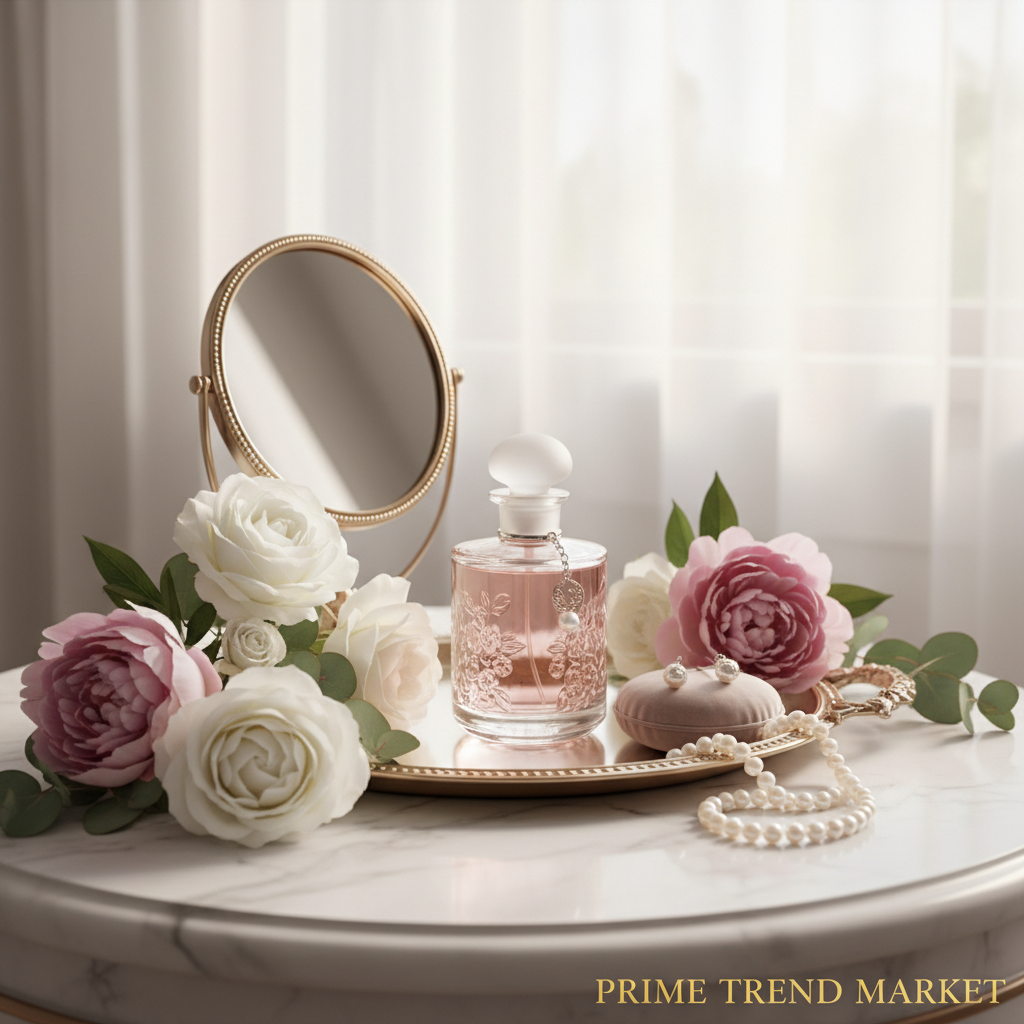 Floral perfume on vanity tray with flowers and pearl jewelry