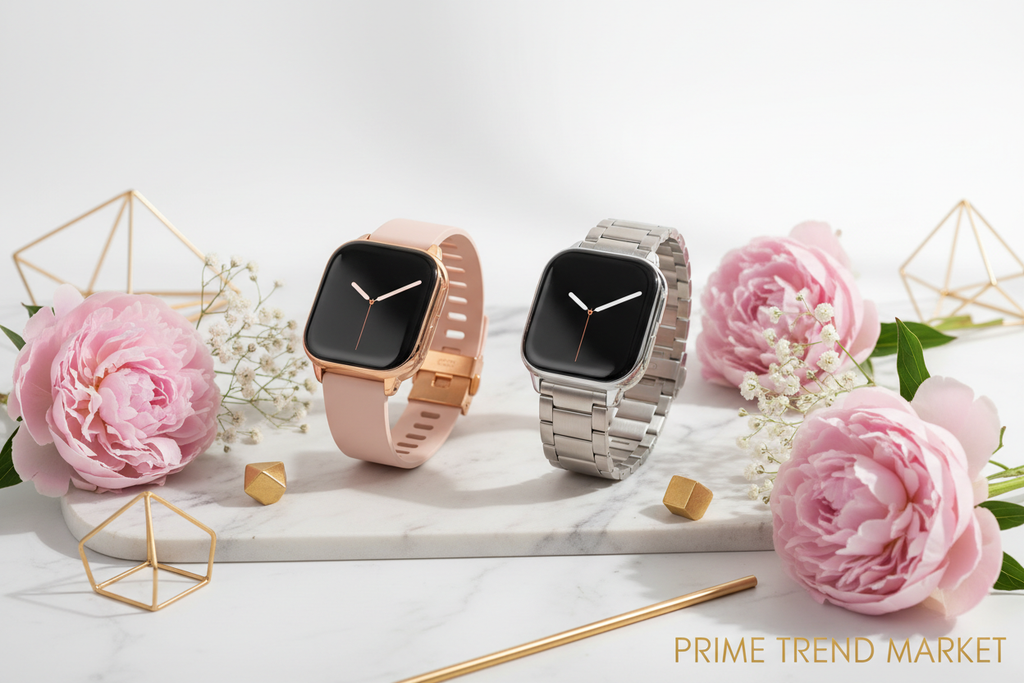 Pink and silver smartwatch side by side on marble with pink flowers — Prime Trend Market