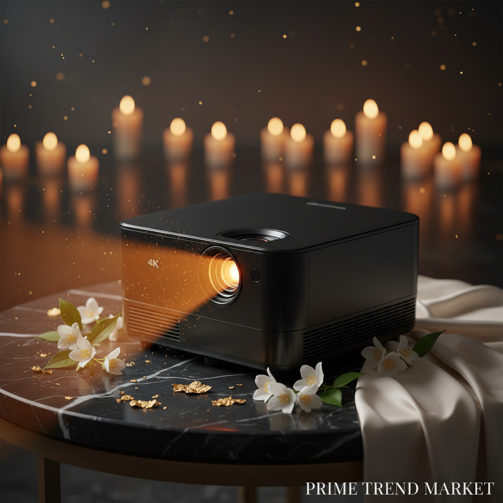 4K smart projector on black marble with jasmine flowers and gold accents - Prime Trend Market