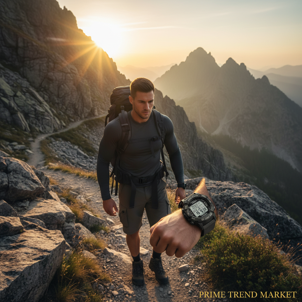 Man wearing military tactical watch hiking on rocky mountain trail