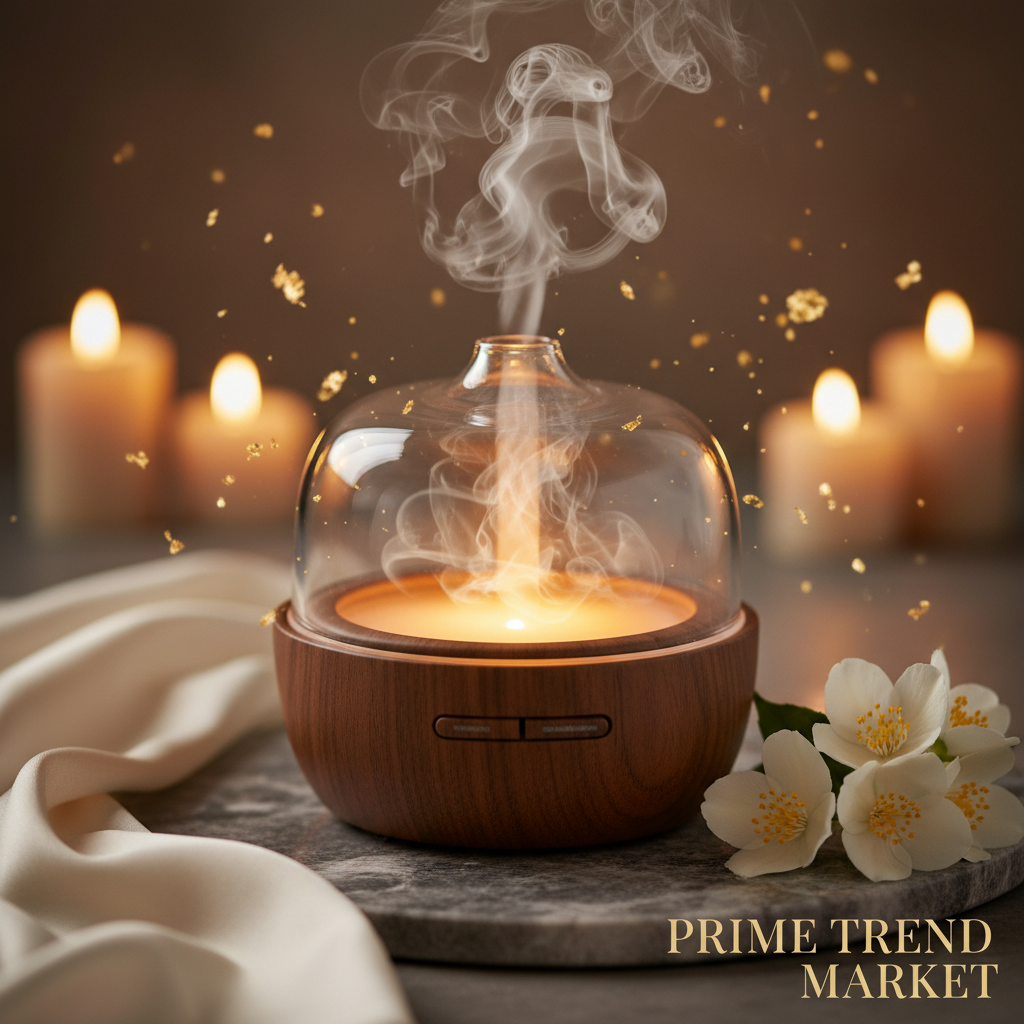 Luxury waterless essential oil aroma diffuser close-up with pure nebulizing mist gold leaf and jasmine on dark marble