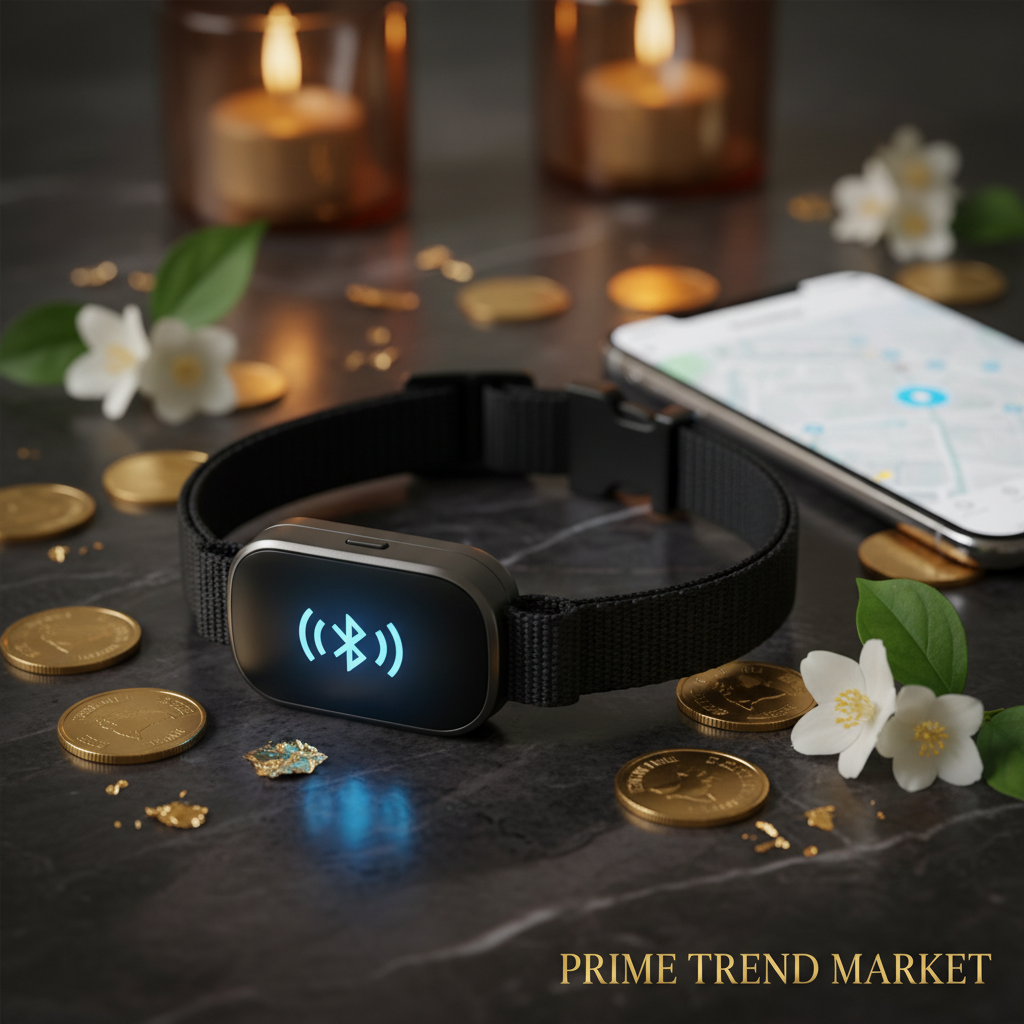 PawFind Anti-Loss FindMy Pet Collar black close-up with Apple FindMy app on phone gold coins and jasmine