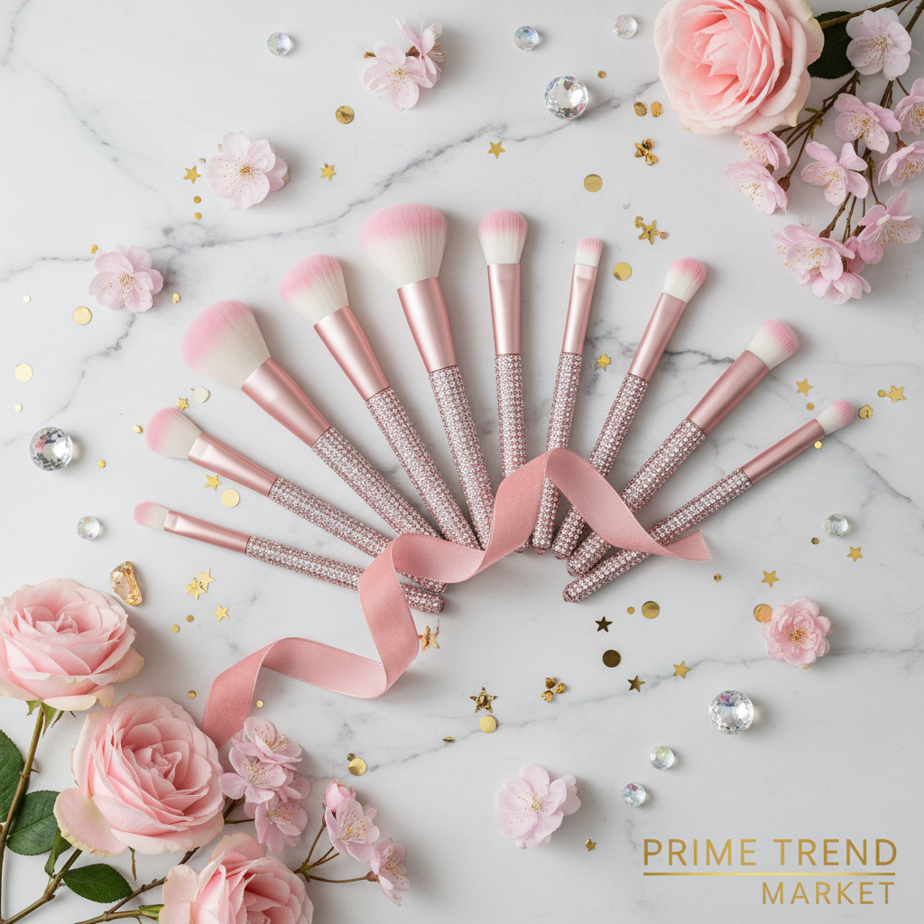 10-piece diamond inlaid handmade pink makeup brush set fanned out on marble with flowers and crystals