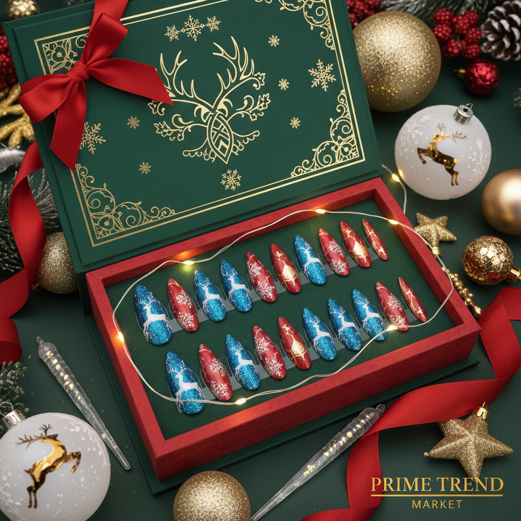 Holiday gift presentation diamond deer snowflake press-on nail set