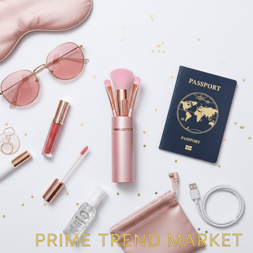Pink 4-in-1 portable makeup brush set with passport sunglasses and travel essentials flat lay