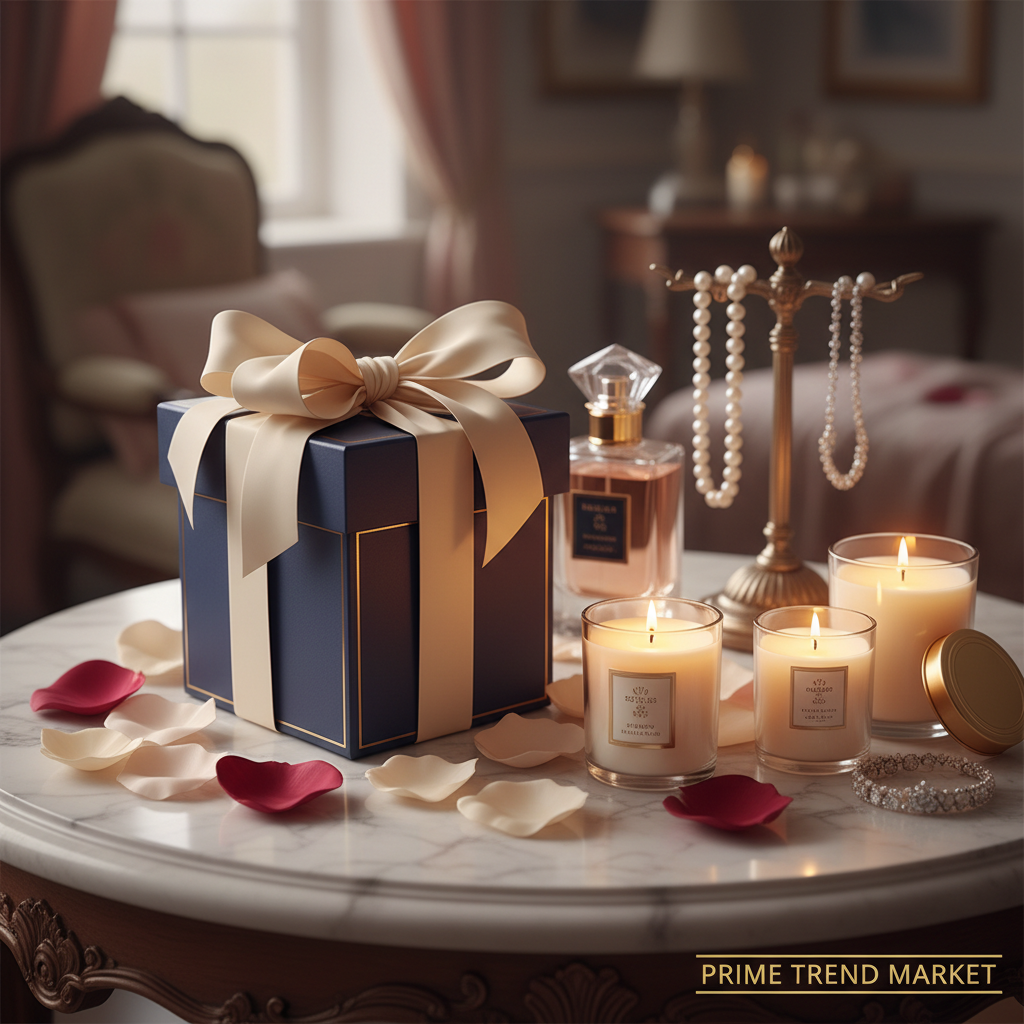 Luxury women's perfume gift box with ribbon and rose petals