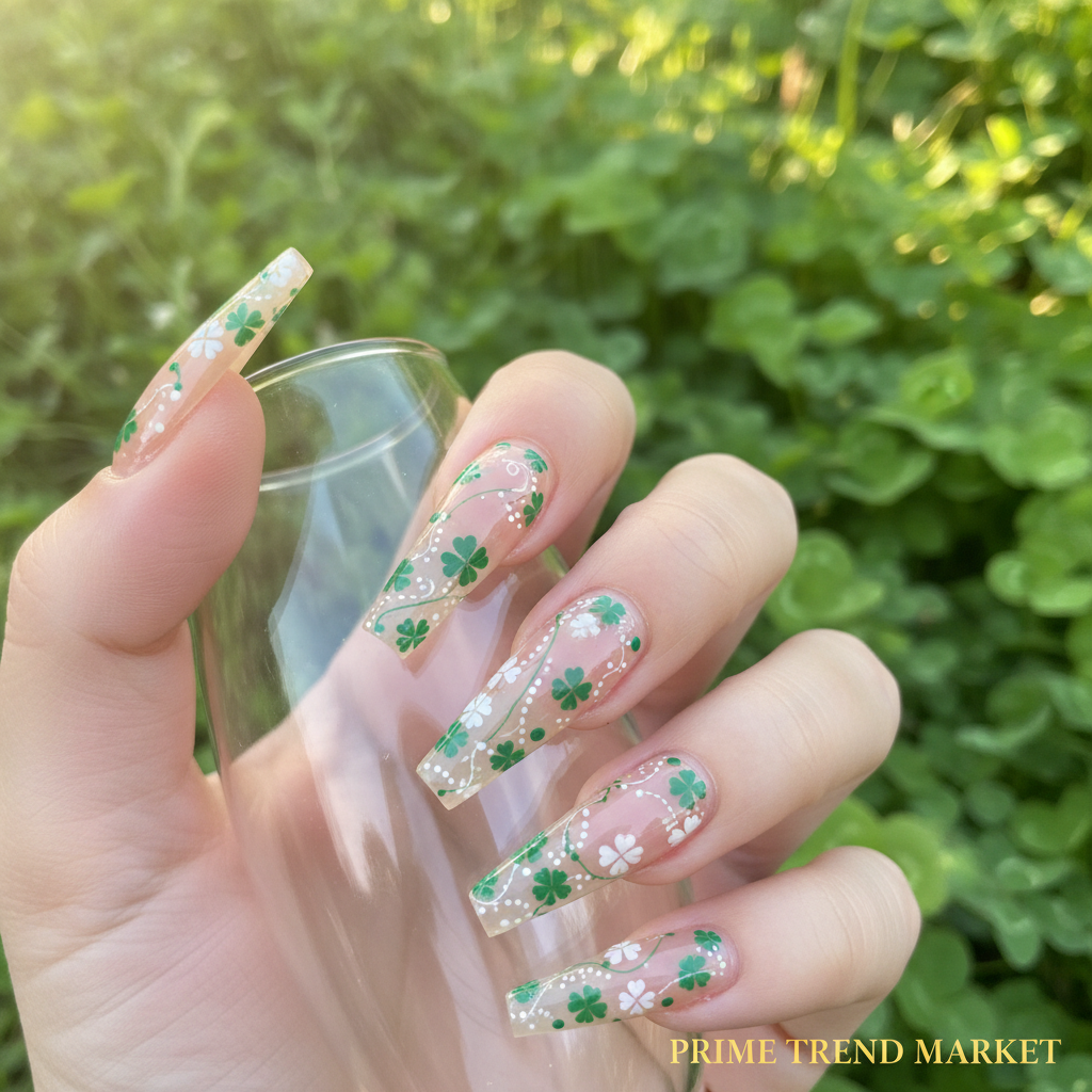 Hand wearing long water pipe clover nail art press-on nails in garden setting