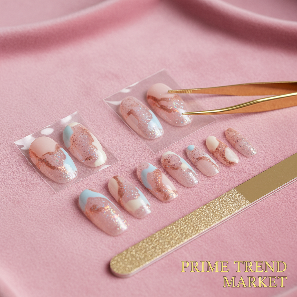 Press-on nail set on pink velvet with gold tools