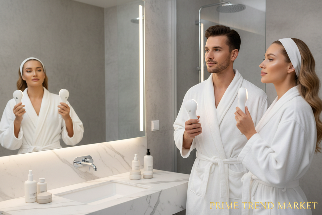 Man and woman using white face and neck tightening devices with glowing firm skin — Prime Trend Market