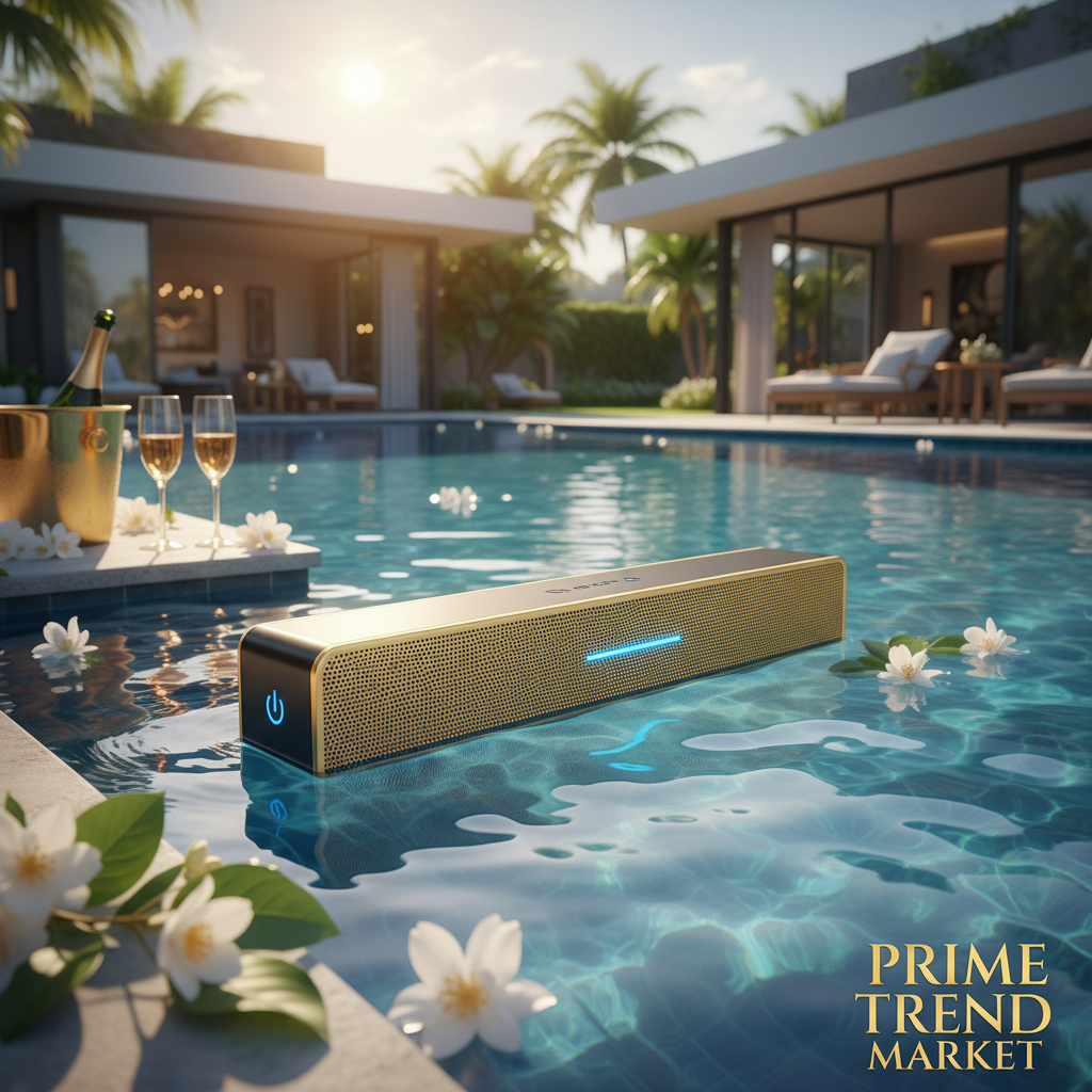 IPX7 waterproof Bluetooth soundbar pool party lifestyle luxury shot — Prime Trend Market