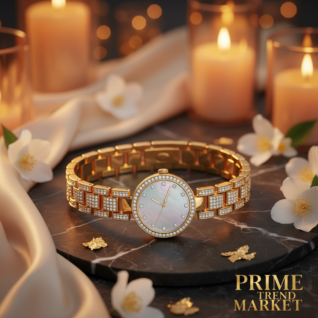 Luxury Women's Bling Smartwatch - Gold Marble & Jasmine Hero Shot