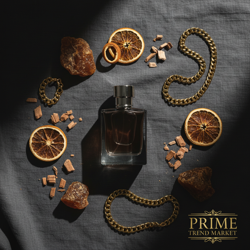 Flat lay of Chained cologne on dark linen with amber, orange slices and gold chain