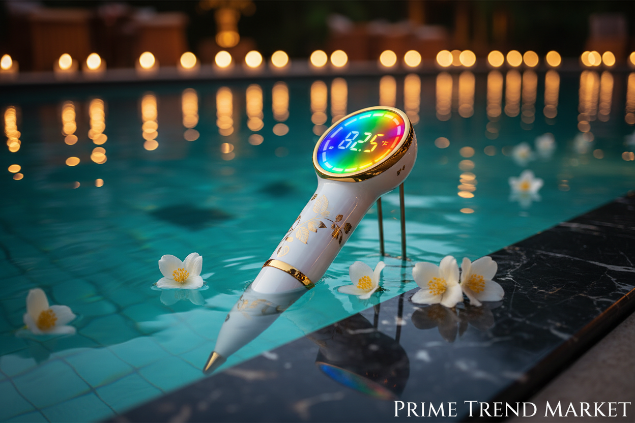 Colorful LED pool thermometer floating in turquoise water editorial