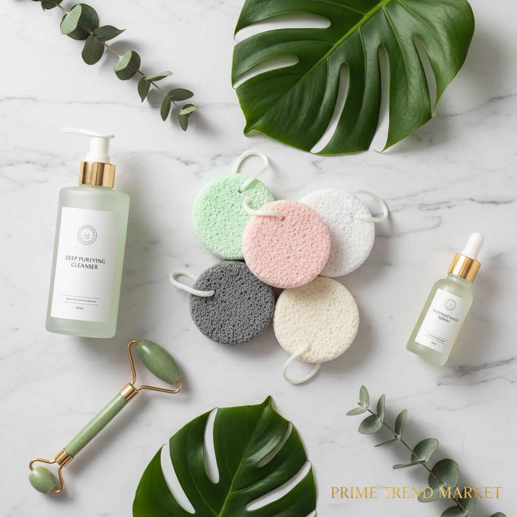 Konjac sponges in multiple colors with cleanser jade roller serum and green leaves on white marble spa flat lay