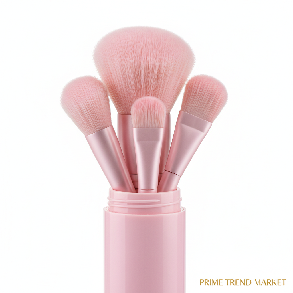 Close-up of pink 4-in-1 portable makeup brush set showing all 4 brush heads with soft bristles