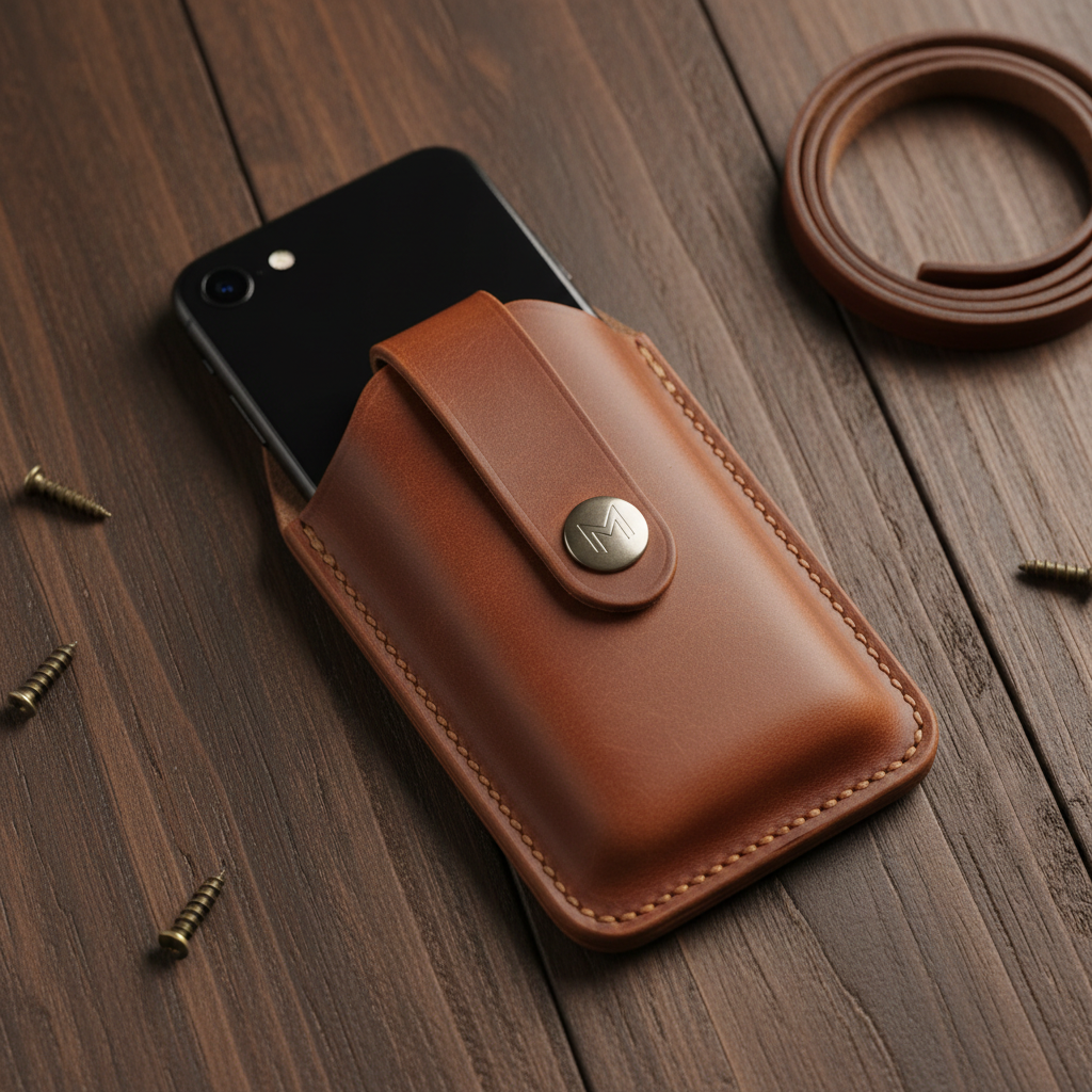 Coffee brown leather phone belt holster flatlay on dark wood surface