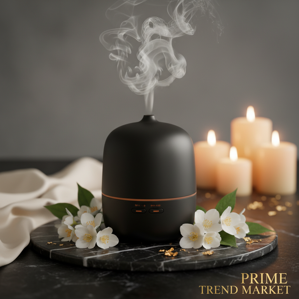 Matte black luxury automatic ultrasonic aroma diffuser on dark marble with jasmine flowers and warm mist