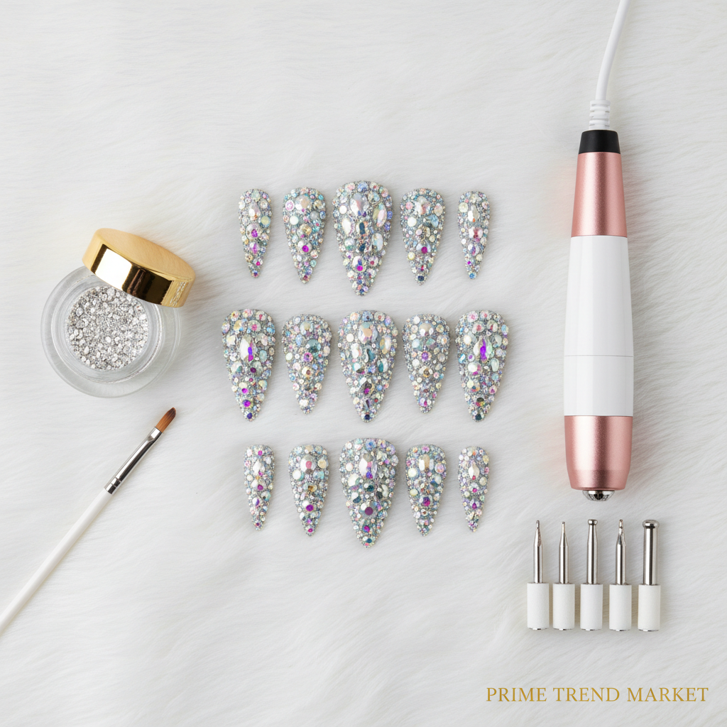 Overhead knolling of nail art pro set components