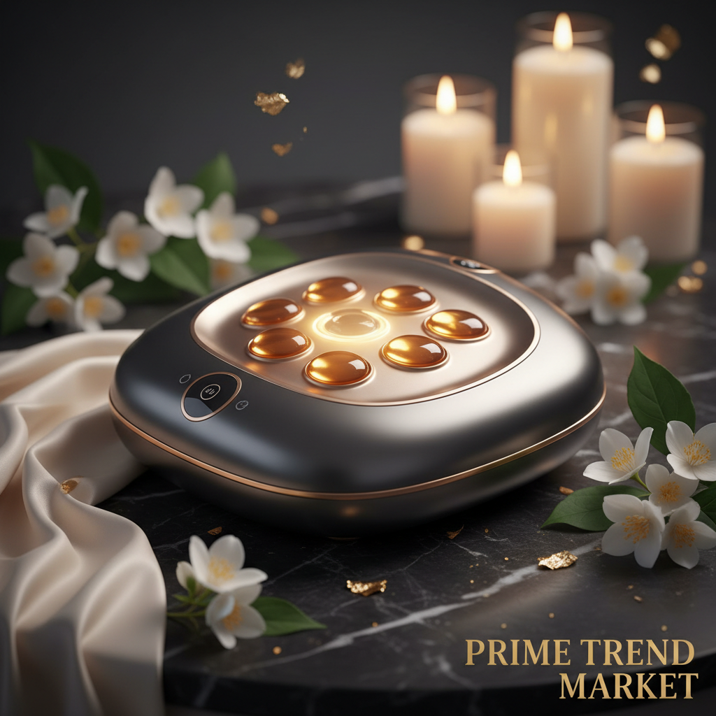 Luxury electric abdominal massager hot compress stone massage device on dark marble with jasmine flowers and amber glow