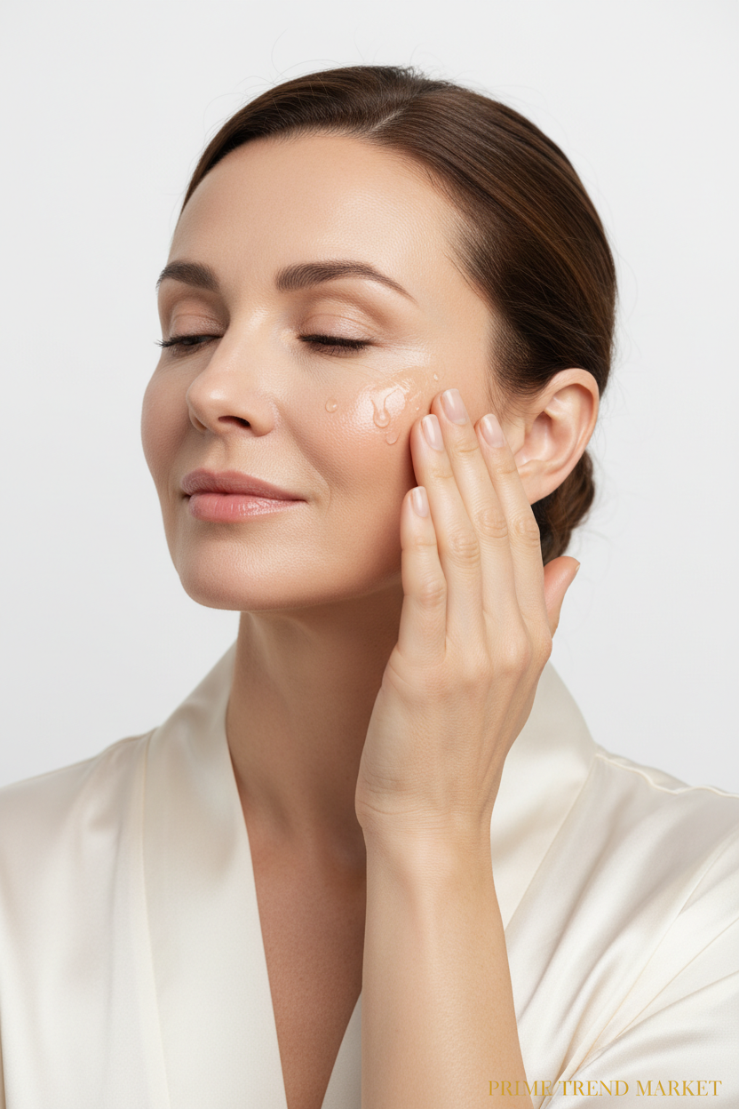 Woman applying OUHOE facial firming essence with glowing smooth youthful skin — Prime Trend Market