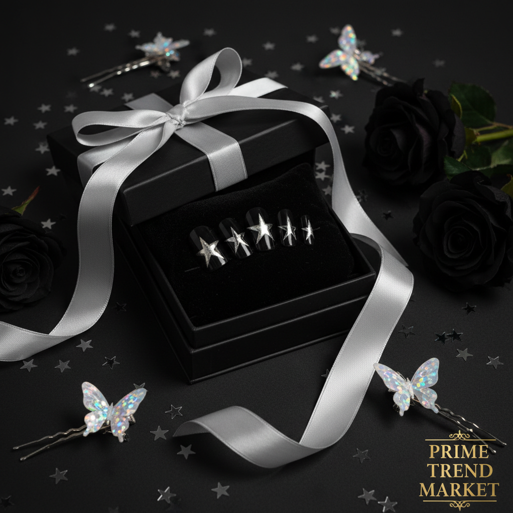 Black silver star press-on nails in sleek black luxury gift box with silver satin ribbon and dark roses