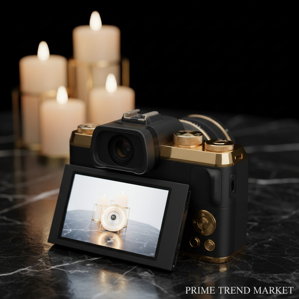 5K WiFi Camera flip screen and fill light close-up on dark marble