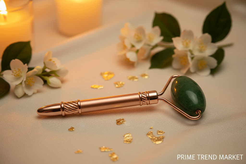 Luxury Electric Jade Roller Rose Gold Flatlay