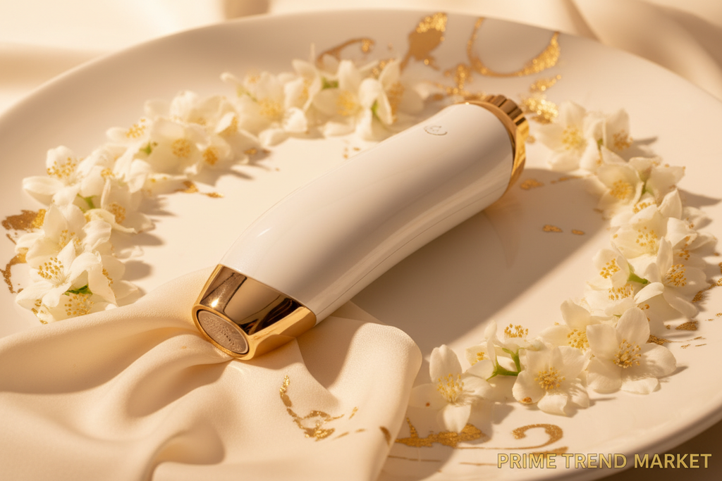 Premium Facial Beauty Massager on cream ivory surface with warm golden lighting