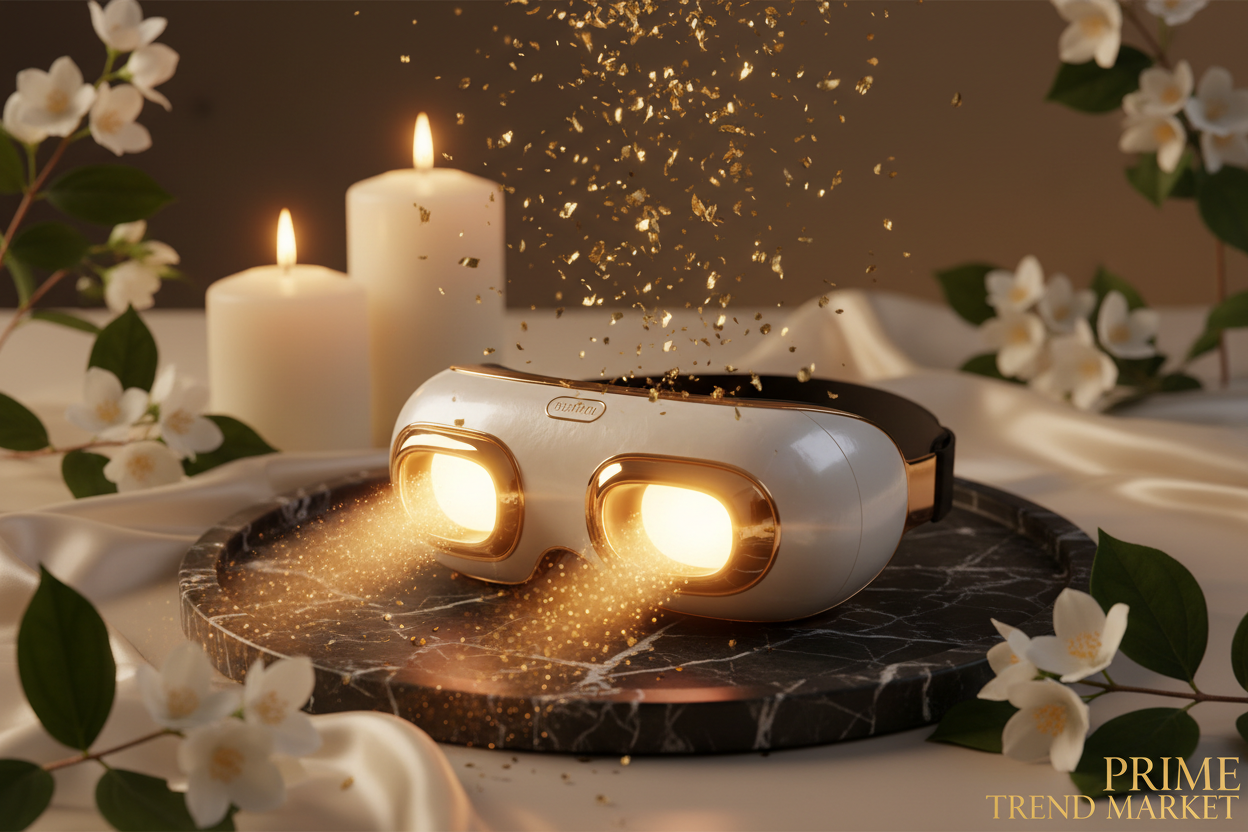 Luxury Smart Eye Massager Gold Confetti Twin Lantern Cinematic Hero Shot