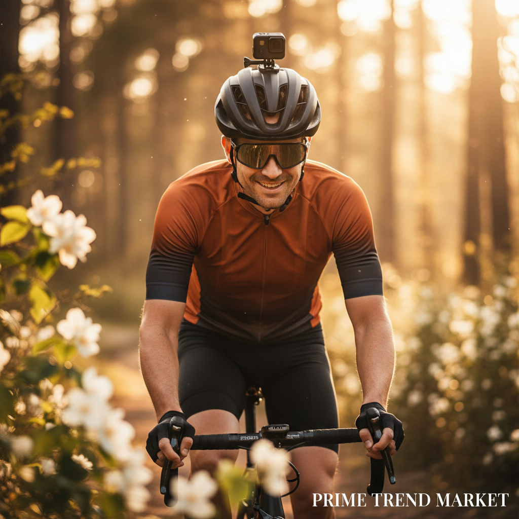 Cyclist with RideShot camera mounted on helmet