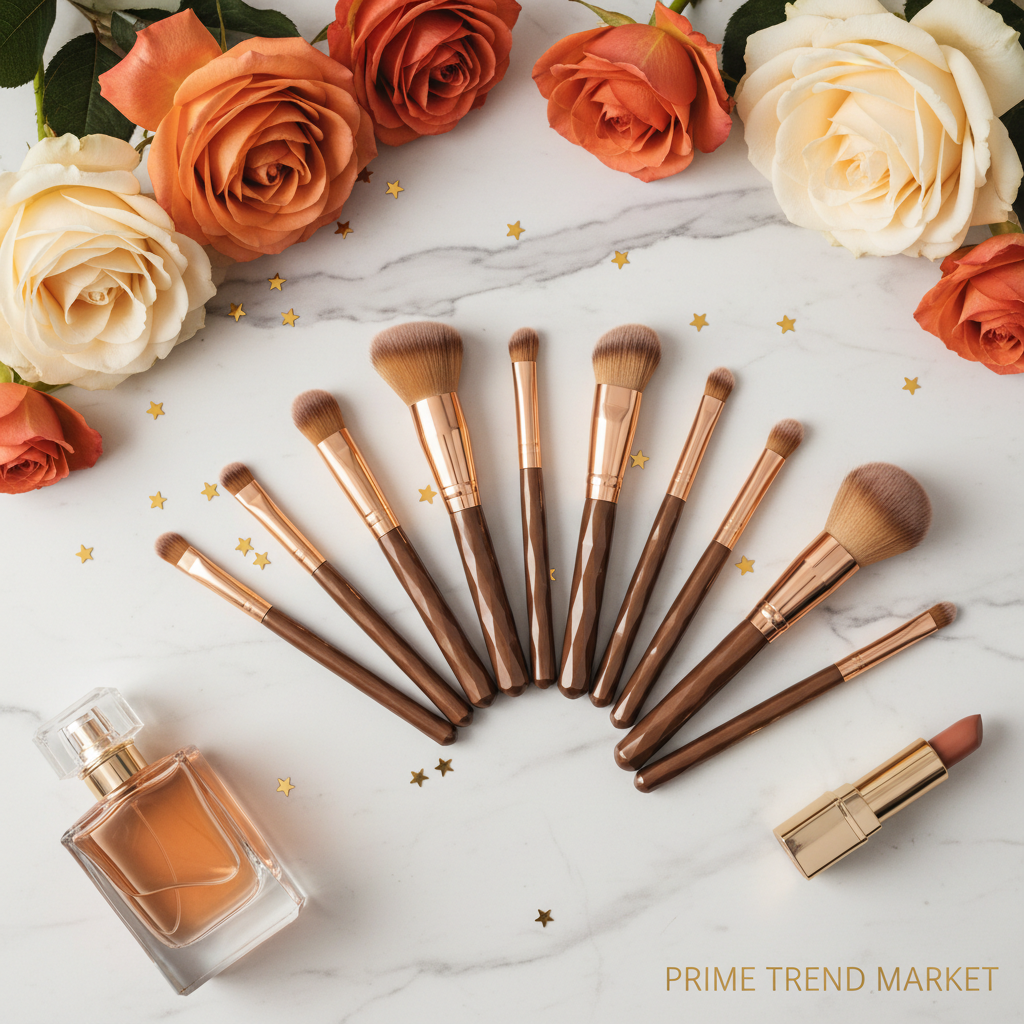10-piece brown diamond rivet crystal brush set fan arrangement with nude roses and gold confetti on marble