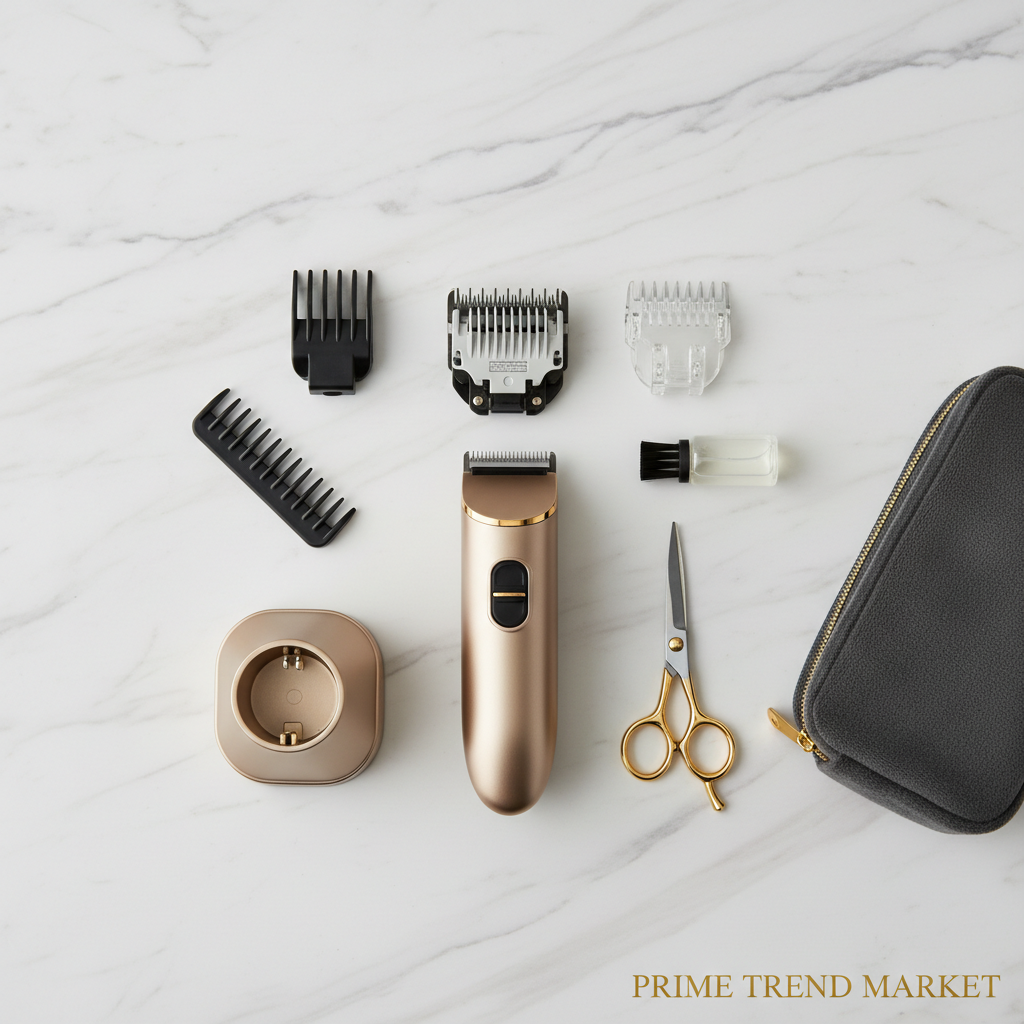 Pet Hair Clipper Set with Titanium Ceramic Blade Accessories Flat Lay — Prime Trend Market