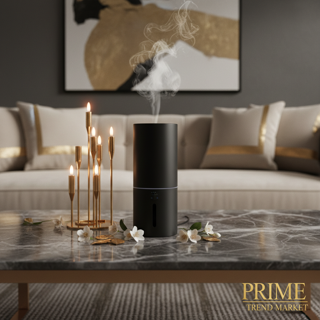 Luxury aroma diffuser lifestyle scene in elegant living room with dark marble
