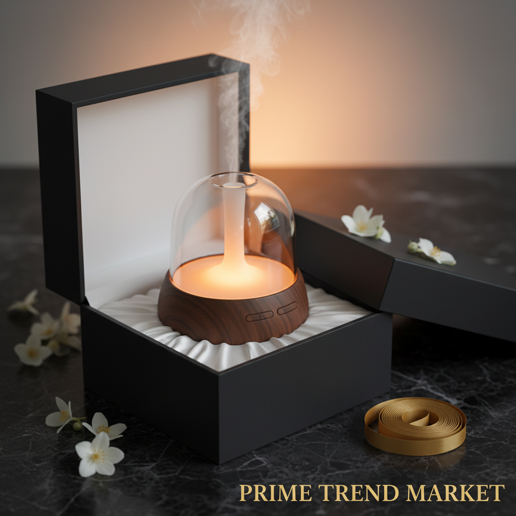 Luxury solid wood glass aroma diffuser in matte black gift box with jasmine petals and amber light