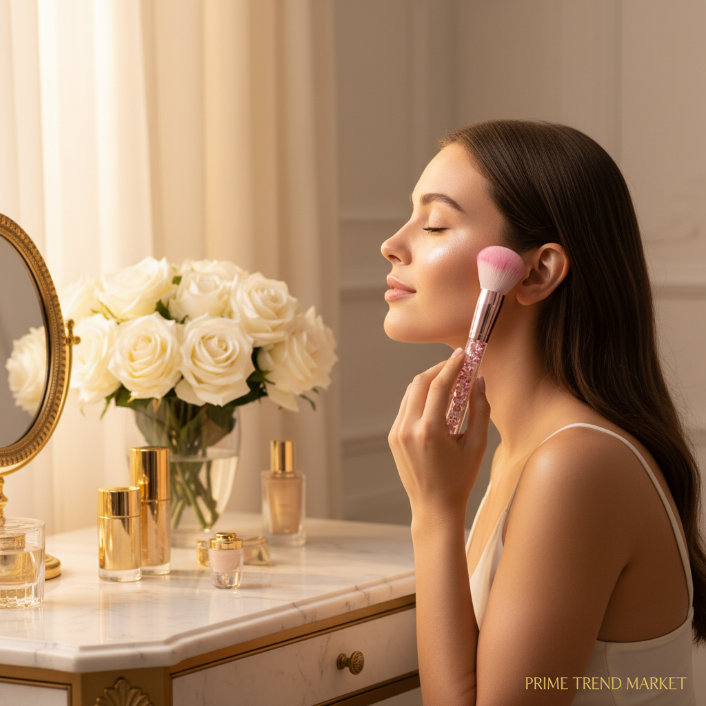 Woman applying highlighter with pink diamond-inlaid makeup brush with clear handle at luxury vanity