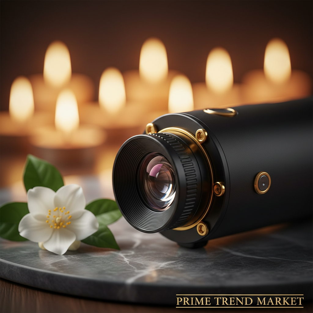 PocketCinema lens close up macro on dark marble with amber bokeh