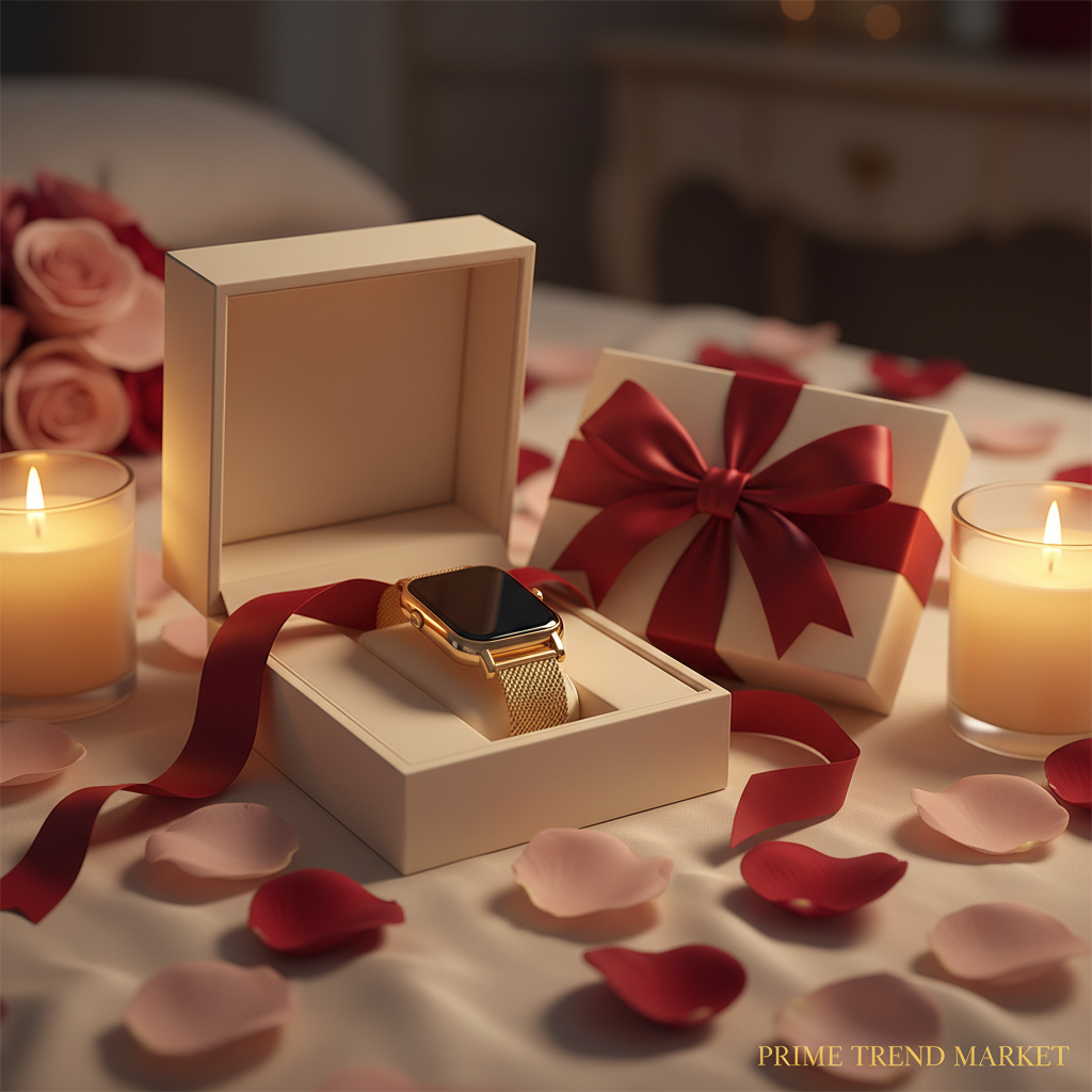 KW10Pro women's gold smartwatch in elegant gift box with rose petals