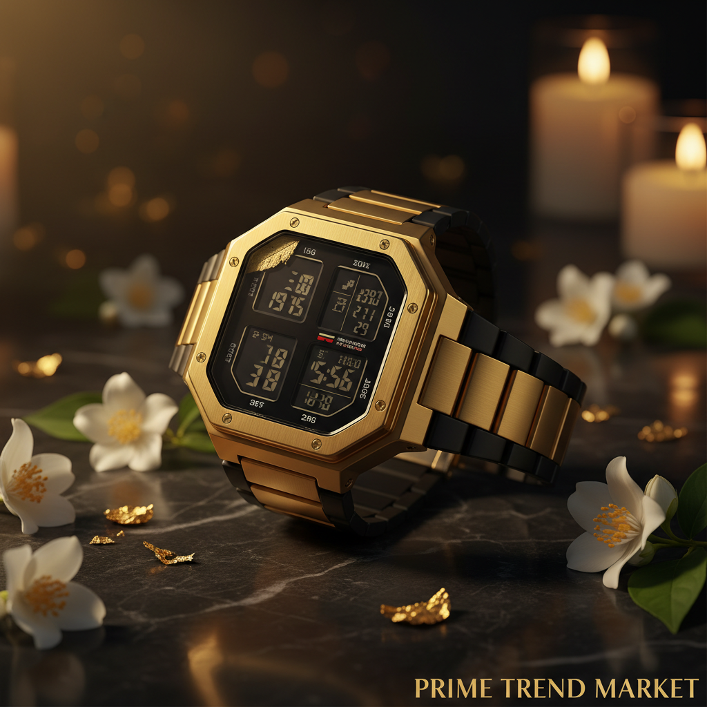 Gold black two-tone square dual display sports watch on dark marble dramatic gold lighting luxury editorial