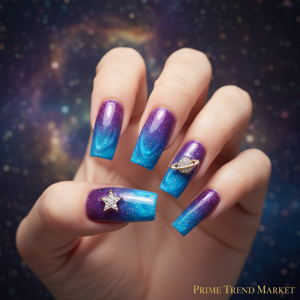 Woman wearing ombre galaxy long square press-on nails purple blue cosmic manicure