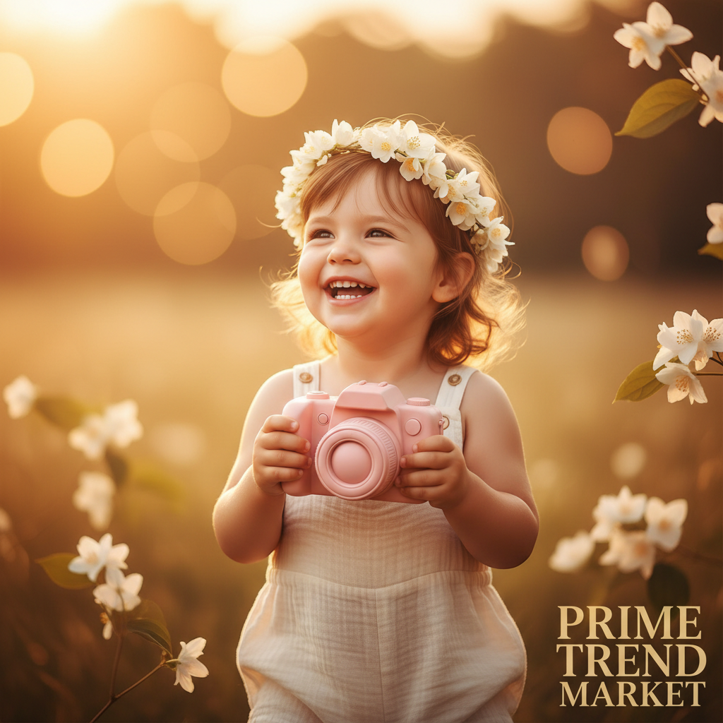 Happy child holding pink KidShot camera