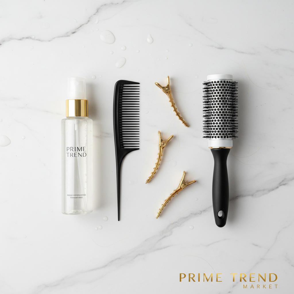 Hair styling routine flat lay with Niacinamide Setting Spray comb and brush - Prime Trend Market